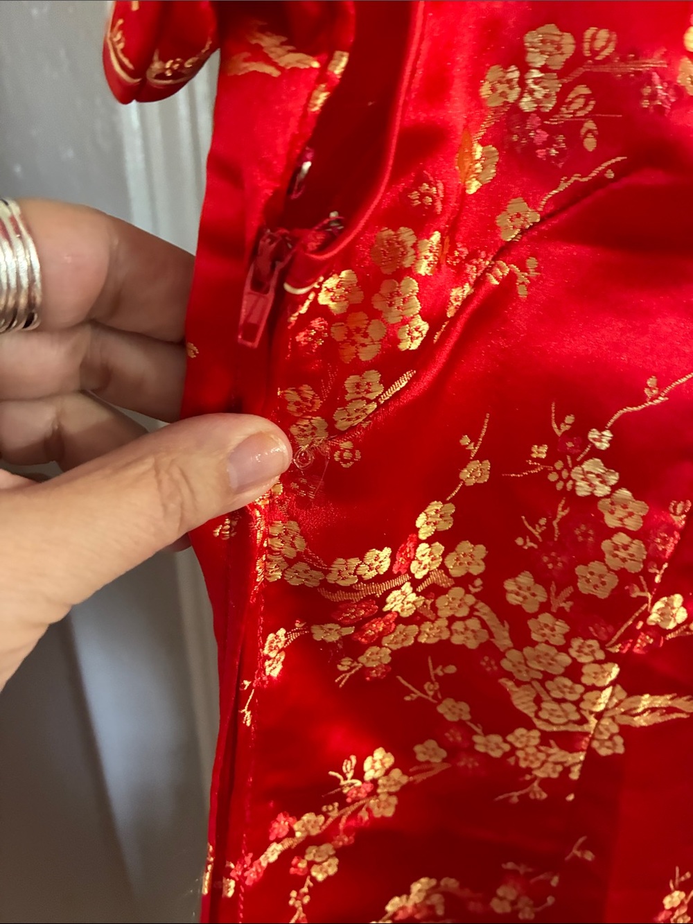 Red Satin Floral women’s Cheongsam Dress with Gold Accents - Picture 4 of 4